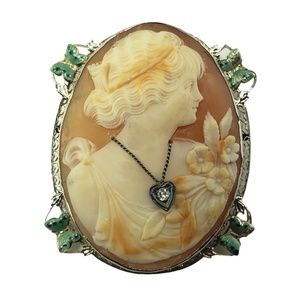 14 Karat White Gold and Diamond Cameo Brooch/Pendant #15700